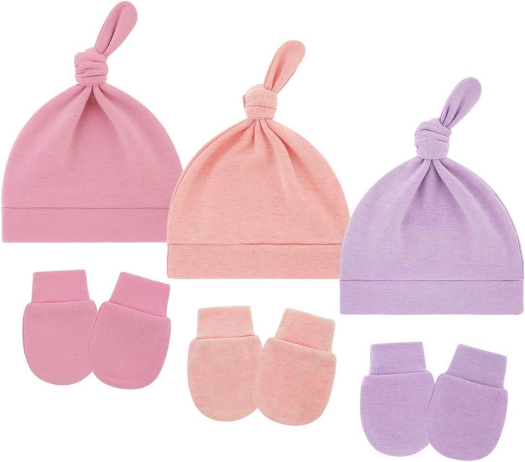 3-Pack Newborn Hats Mittens Sets Baby Boys Preemie Hat Hospital Caps for Baby Girls 0-6 Months (Pink)