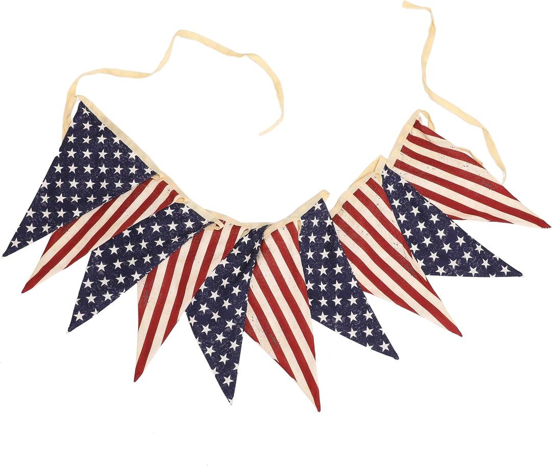 Vintage Stars and Stripes American Flag Bunting Banner, 5 Meter Cotton Garland with 10 Double-Sided USA Pennant Flags, Patriotic Hanging Decoration for 4th of July, Memorial Day, Independence Day
