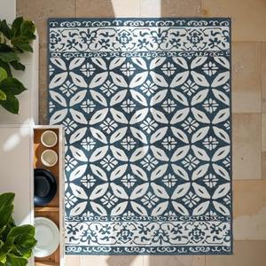 jinchan Area Rug 2x3 Entryway Washable Rug Geometric Indoor Doormat Faux Wool Soft Tile Pattern Floral Printed Stain Resistant Non-Slip Carpet for Kitchen Bedroom Bathroom Navy Blue