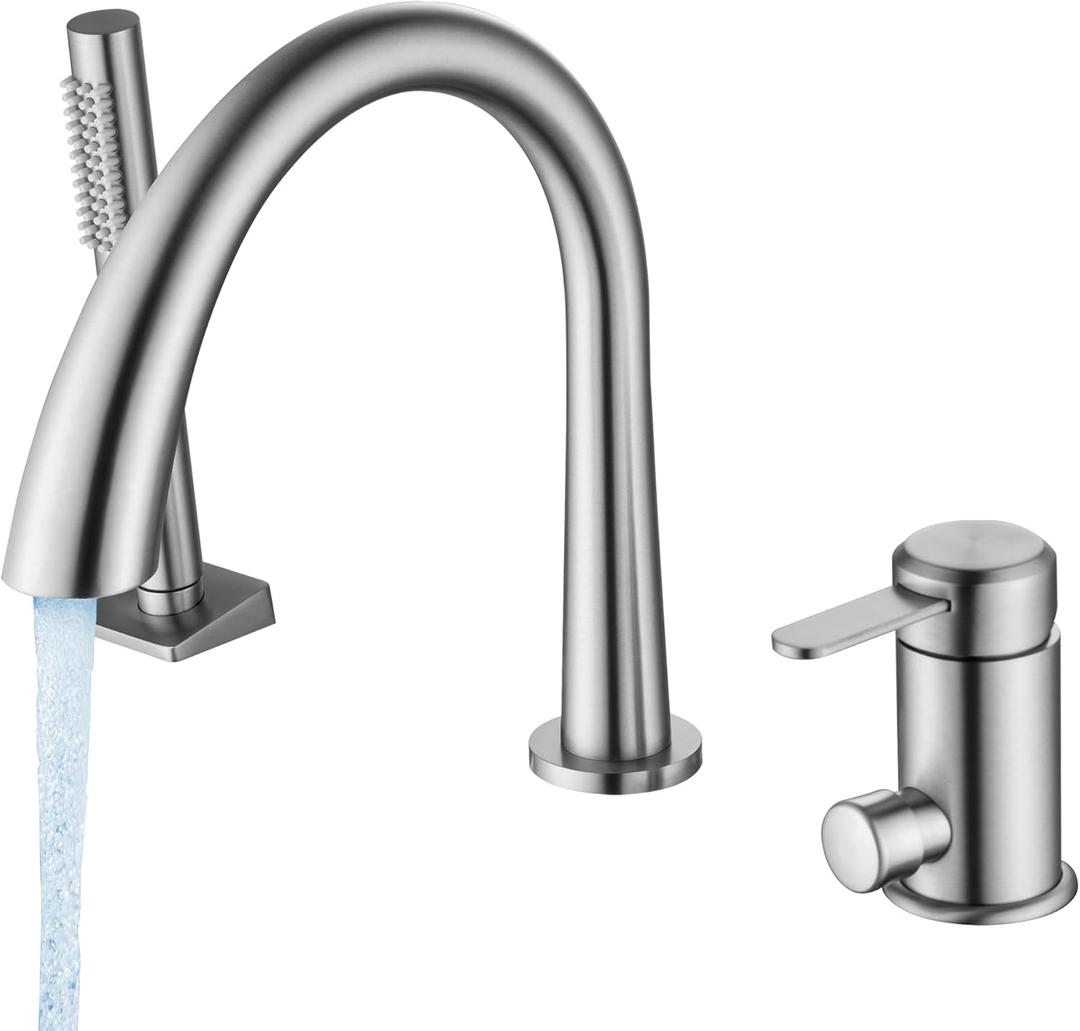 SUBEIXI Roman Tub Faucet with Hand Shower 3 Hole Deck Mount Tub Filler Bathtub Faucet with Sprayer High Flow Bathtub Faucet Set, Brush Nickel