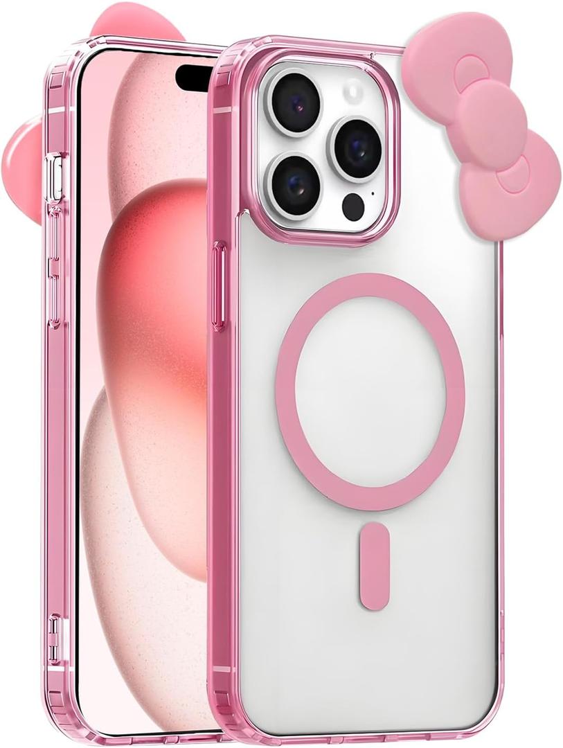 Cute Cartoon 3D Bowknot Design Compatible For iPhone 15 Pro Max Case, Kawaii fun design transparent magnetic shockproof protective case for boys and girls for iPhone 15 Pro Max 6.7" 2023 (Pink)