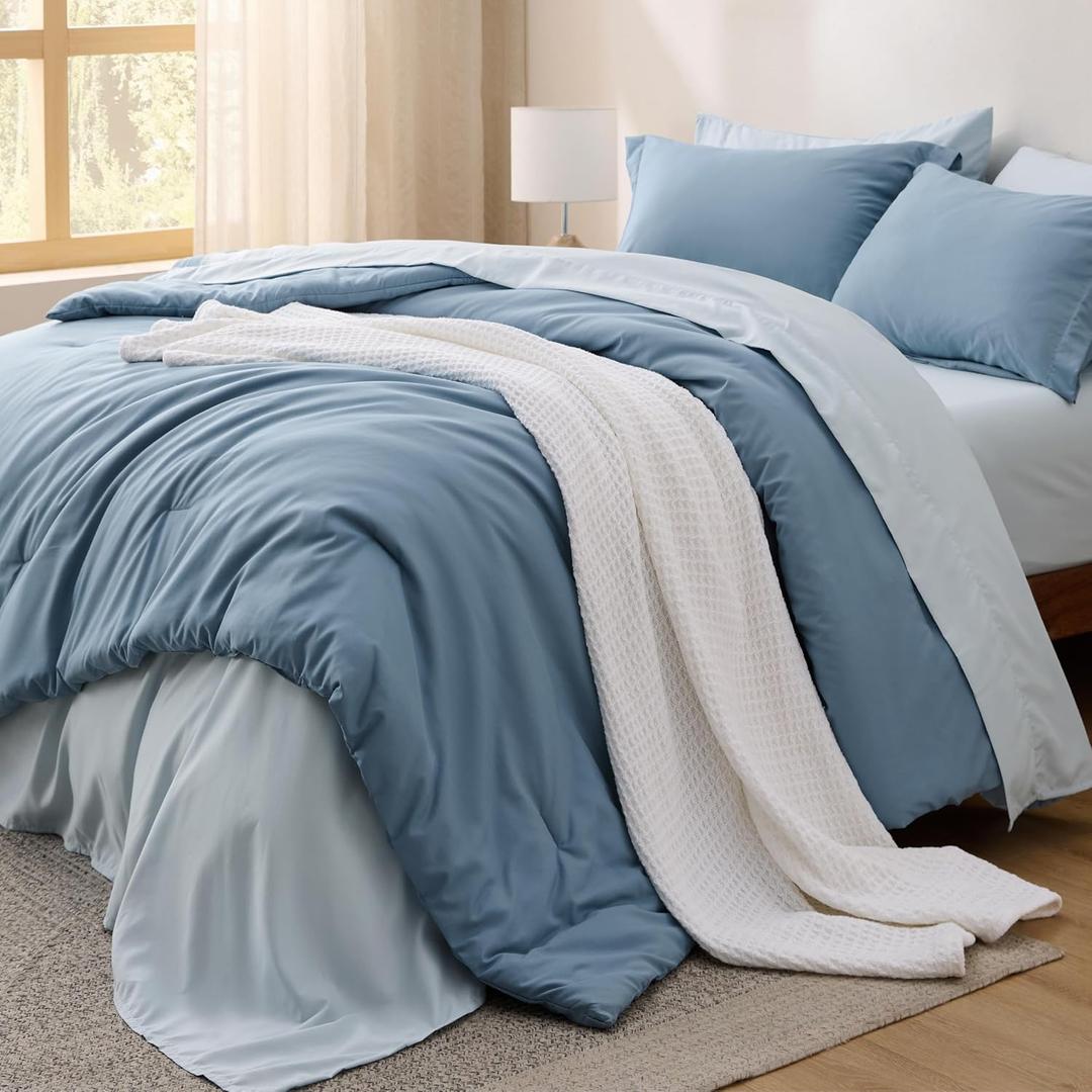 Bedsure Queen Comforter Set - 7 Pieces Grayish Blue Queen Bedding Set for All Seasons, Boho Contrasting Design Bed in a Bag with Comforter, Sheets, Pillowcases & Shams