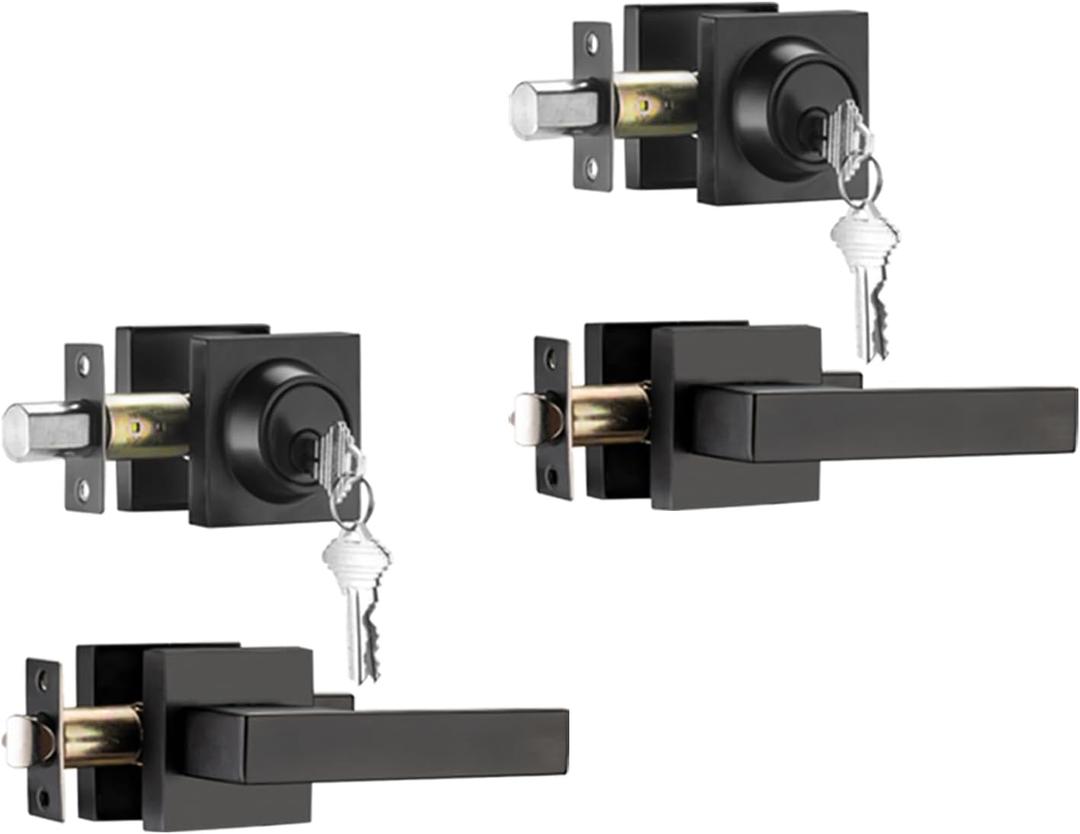 2 Pack Front Door Locksets with Deadbolt, Black Door Handles, Combination Door Lock, Exterior Door Lever (Matte Black) (Matt Black)