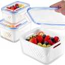 Fresh Produce Storage Containers for Fridge, 3 Pack Fruit Vegetable Keeper with Drain Basket & Airtight Lid, BPA Free Fridge Organizer Bins for Berries, Salad, Meal Prep, 28oz 60oz 111oz