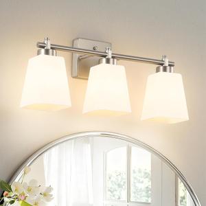 3-Light Modern Bathroom Vanity Light, Wall Sconce Over Mirror with Milky White Frosted Glass Shades, E26 Socket (Bulbs Not Included) (20-Inch, Nickel)