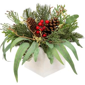 DILATATA Christmas Centerpieces 8 Inch Artificial Christmas Plant in Square Wooden Pot Tabletop Pine Plants with Red Berries Pine Cones Eucalyptus for Winter Holiday Party Fireplace Mantel Xmas Decor (Style 1)