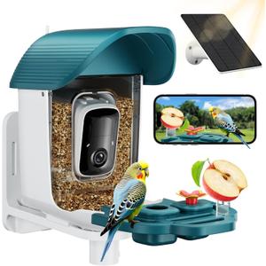 Bird Feeder with Camera, Solar Powered Outdoor Birdhouse, AI Smart Identify 10000+ Birds Species, Instant Motion Detection & Alerts, Watching & Capture BirdVideo, Gifts for Bird-Lovers(Cyan-Blue)