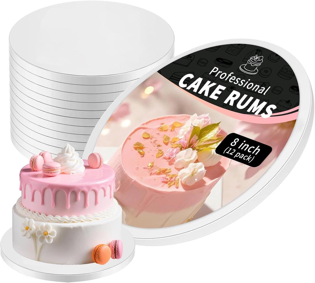 12 PCS White Cake Boards 8 Inch Cake Drums with 1/2-Inch Thick Smooth Edges for Multi Tiered Birthday Wedding Party Cakes Board. (8inch(12pack))