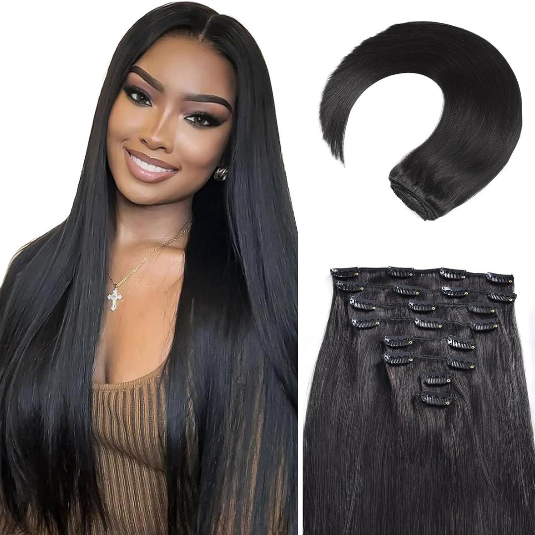 MEYOFUN Clip in Hair Extensions Real Human Hair, 24Inch 120g, 1B Natural Black, Invisible Seamless Straight Remy Human Hair Clip in Extensions for Women 8pcs Per Set with Double Weft