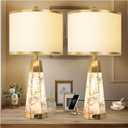 27" Natural Alabaster Table Lamps Set of 2 - Lamps for Living Room with Night Light, Bedside lamps with White Linen Shade, Nightstand Table Lamp with USB A+C Port for Bedroom Office (bulb included)