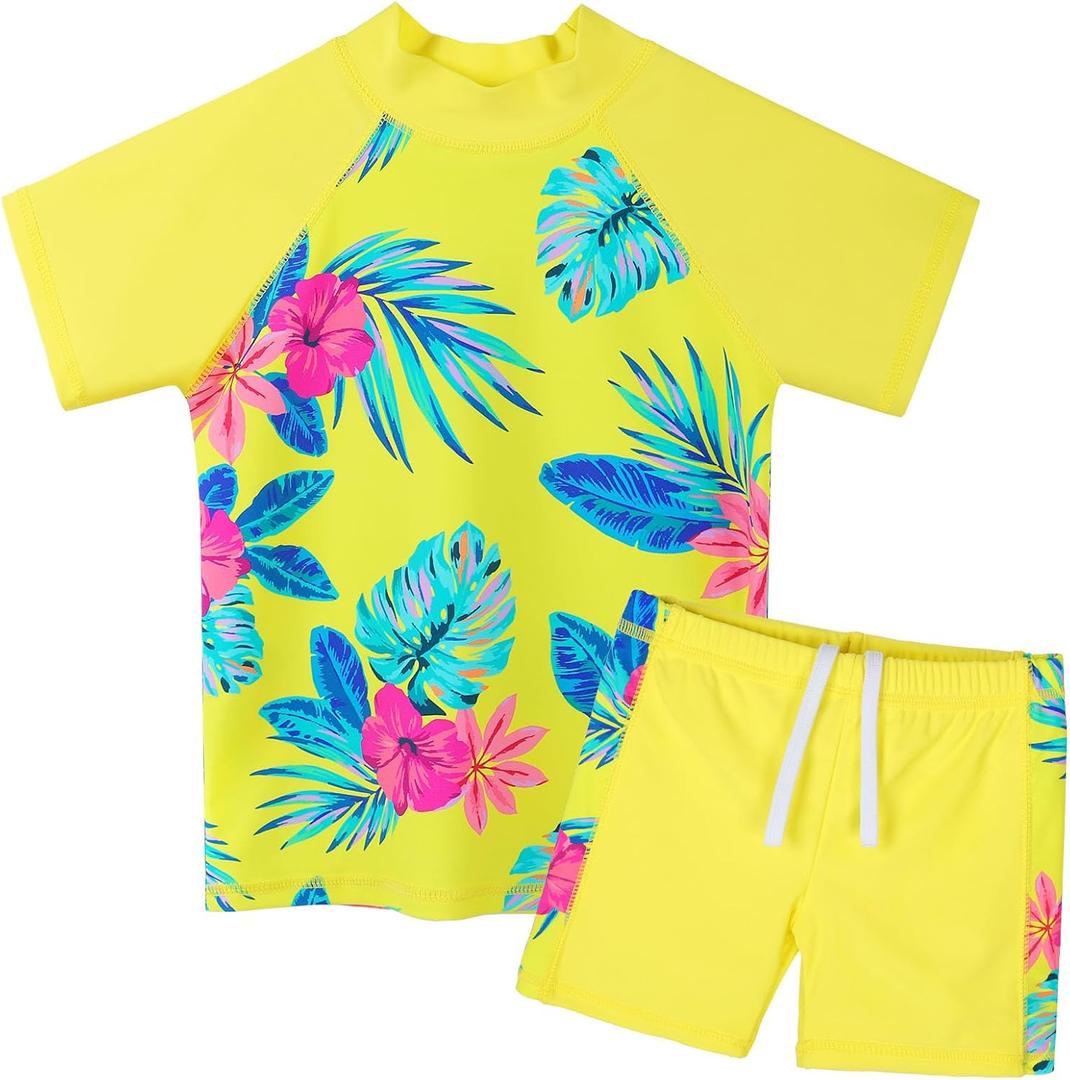 Girls Two Piece Swimsuit Floral UPF 50+ Rash Guard Set Kids Beach Swimwear