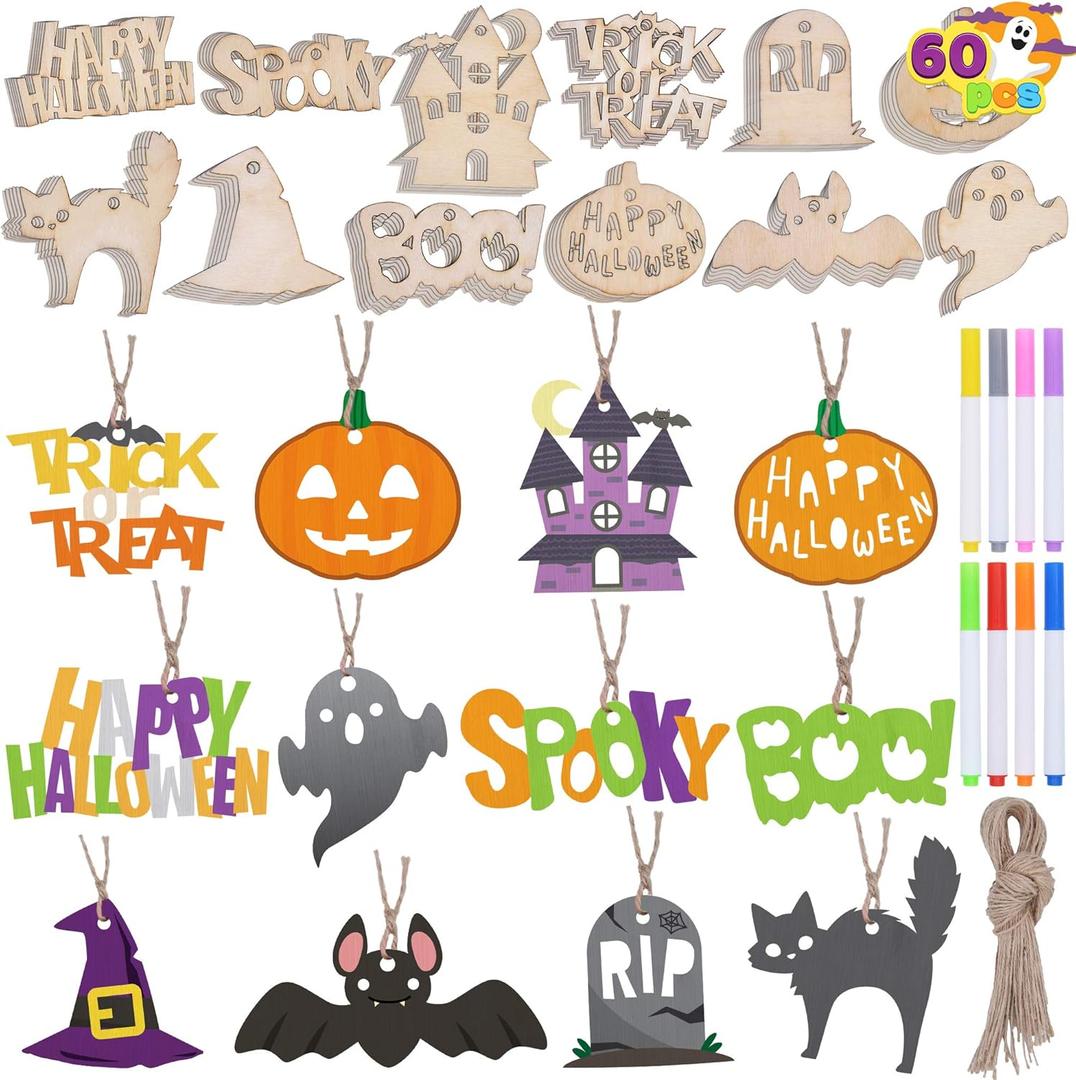 JOYIN 60 Pcs Halloween Craft Wooden Painting Kit, Halloween Party Supplies, Party Favors for Kids, Wood Blank Cutouts Ornaments, Gift Tags Decor for School Art DIY Activities Goodies Games