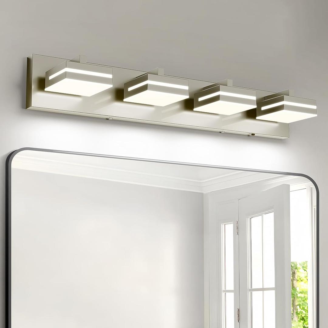 Joossnwell Bathroom Vanity Light Brushed Nickel Bathroom Lighting Fixture Over Mirror Modern (4-Light, 26.77-Inch) Dimmable 5CCT Led Bath Vanity Lighs, 4 Light-5 Color Temperature