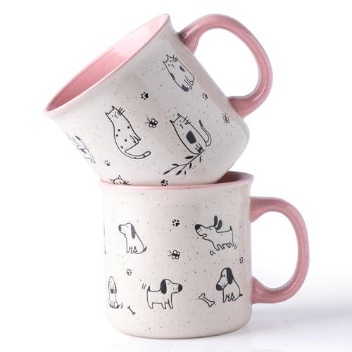 AmorArc 22 OZ Large Ceramic Coffee Mugs Set of 2, Oversized Mugs With Big Handle for Men Women Dad Mom, Big Mug With Textured Dogs Cats Patterns for Office & Home -Microwave Safe, 2 Pcs-Pink