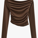 Women's Long Sleeve Crop Bottoming Shirt Solid Slash Neck Ruched Y2k T Shirt ,Size L