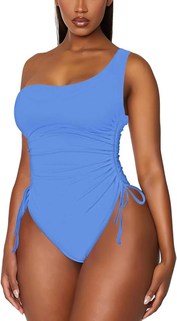 Viottiset Women's One Shoulder Ruched One Piece Swimsuit Tummy Control High Cut Cheeky Bathing Suit (X-Large)