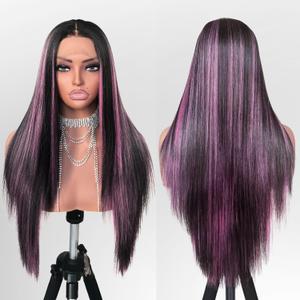 Black and Pink Highlight Wig Lace Front Wigs Pre Plucked with Baby Hair Glueless Wig 26 Inch Long Straight for Women Pink Color Forehead Synthetic 1341 Lace Front Wig