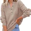 Dokotoo Womens Sweaters 2025 Casual Long Sleeve Henley Shirts V Neck Textured Button Fall Sweater Loose Fit Jumper Tops (Large, Khaki)