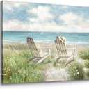 Arttitue Seascape Wall Art Canvas Picture: Beach Chair Seascape Print Decor Ocean Coastal Scene Painting Seaside Sea Wave Grass Artwork for Bathroom Living Room (16"L x 11"W)