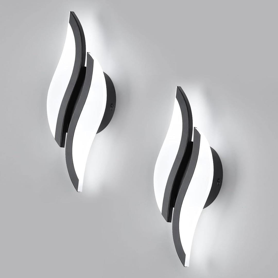 CANEOE 2 Packs Modern LED Wall Sconce 6000K Black Indoor Wall Light Fixtures Acrylic Wall Sconce Lighting for Living Room Bedroom Bedside Bathroom Hallway Stairway Wall Lamp (Black, 2 Packs, 6000K)