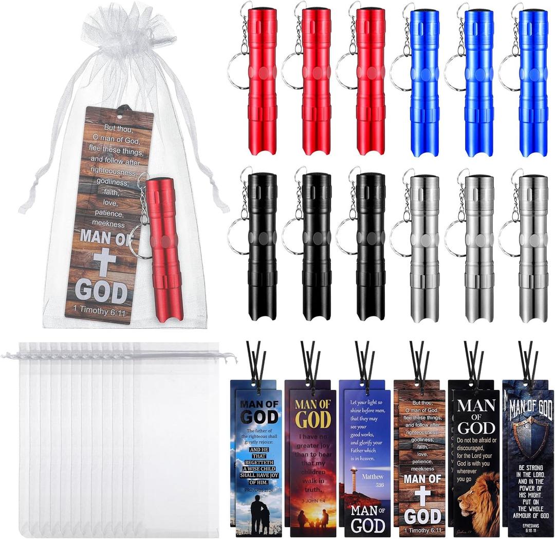 Tujoe 36pcs/12 Set Man of God Gifts Mini LED Flashlight Keychain Man of God Religious Bible Bookmark Set Christian Party Favors Father's Day Gifts for Men Adult Dad