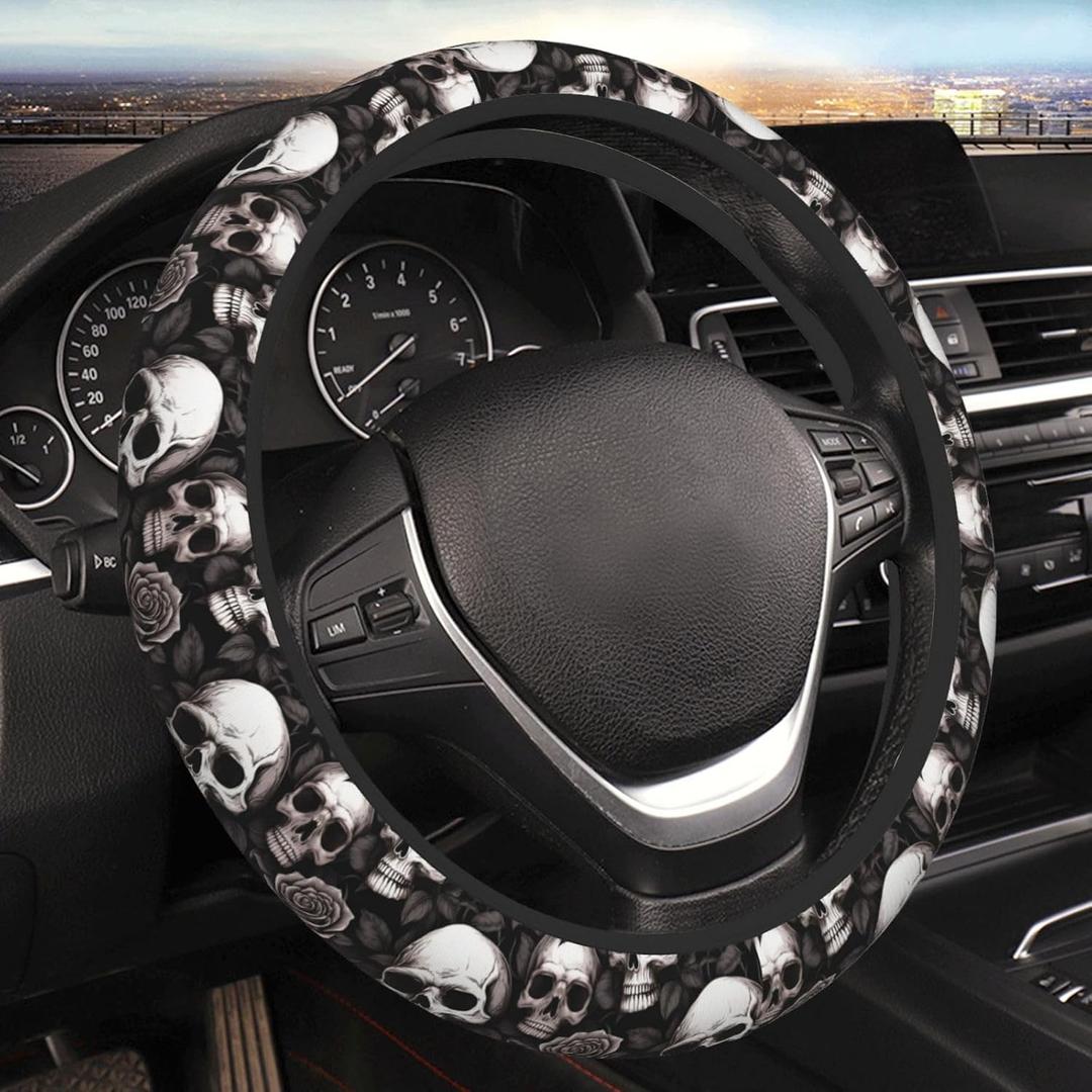 Skulls and Roses Steering Wheel Protective Cover Car Universal, 15-Inch Thicken Steering Wheel Grip Cover for SUV, Van, Car, Car, Truck (One Size, 12)