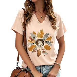 Womens Vintage Sunflower Graphic T-Shirt V Neck Short Sleeve Floral Tees Casual Loose Fit Summer Tops (L,Beige-3-229)