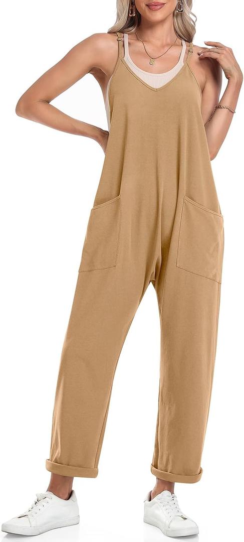 TARSE Women's Sleeveless Jumpsuits V Neck Harem Overalls Causal Adjustable Straps Stretchy Comfy Romper with Pockets 2025 (Brown, M)