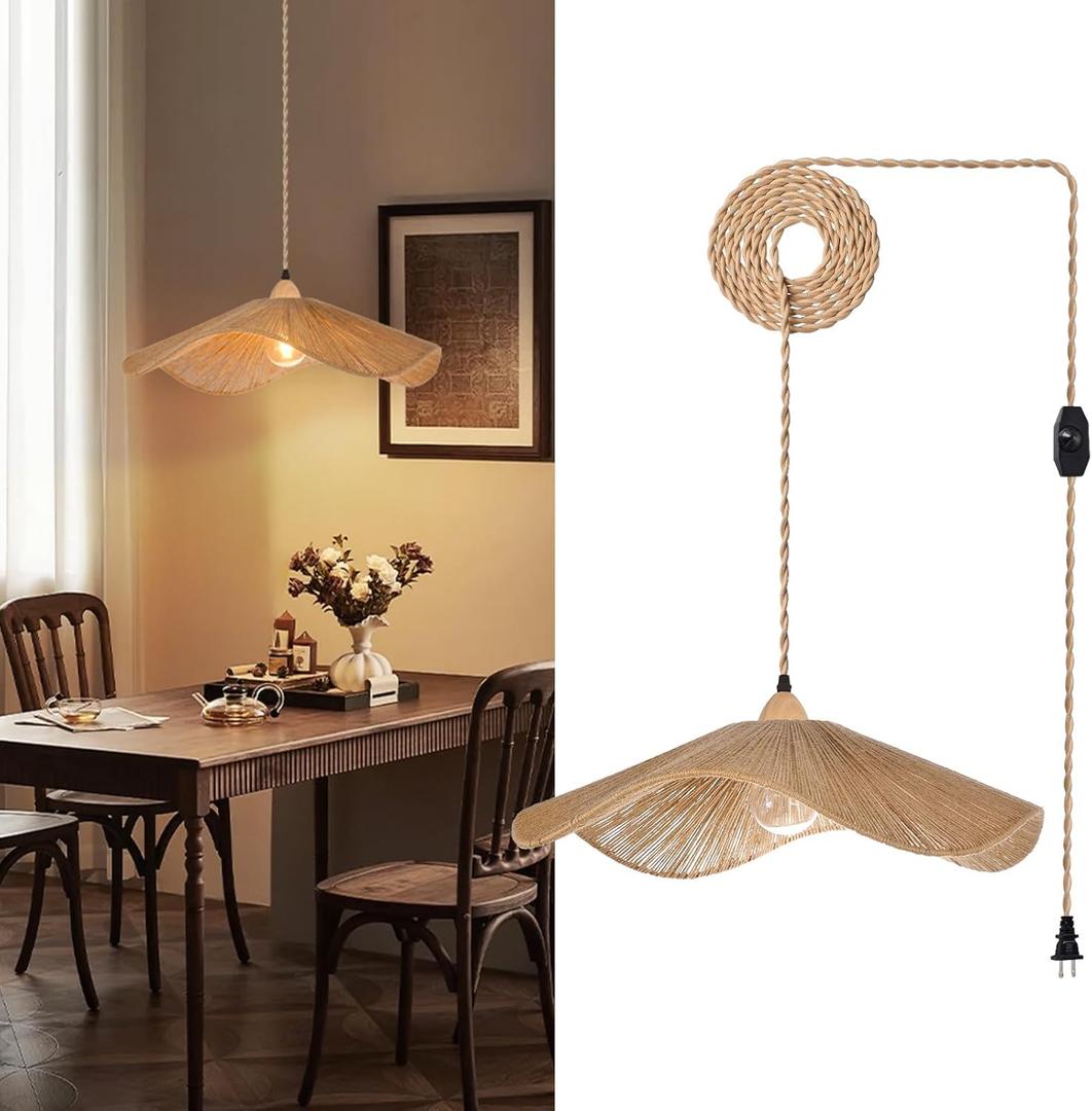 Arturesthome Plug in Pendant Lighting Hanging Lights with Plug in Cord 16.4FT Dimmable Cord Hanging Lamp Boho Hemp Rope Woven lampshade for Dining Room Farmhouse (Bulb Included)