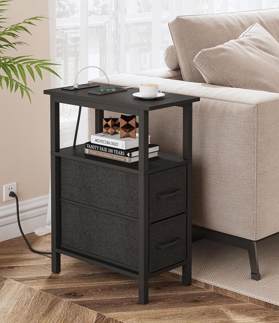 Narrow Side Table for Small Spaces, Skinny End Table with Charging Station, Sofa Beside Table with 2 Fabric Drawers and 1 Open Compartment, Slim Nightstand with USB Ports Outlet, Black UTBT004B