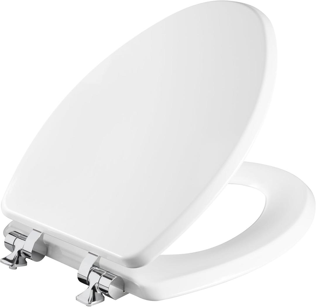 Mayfair Bennett Toilet Seat with Chrome Hinges, Slow Close Wood Seat, Secure Metal Hinges, Easy Install, Made in USA, Elongated, White