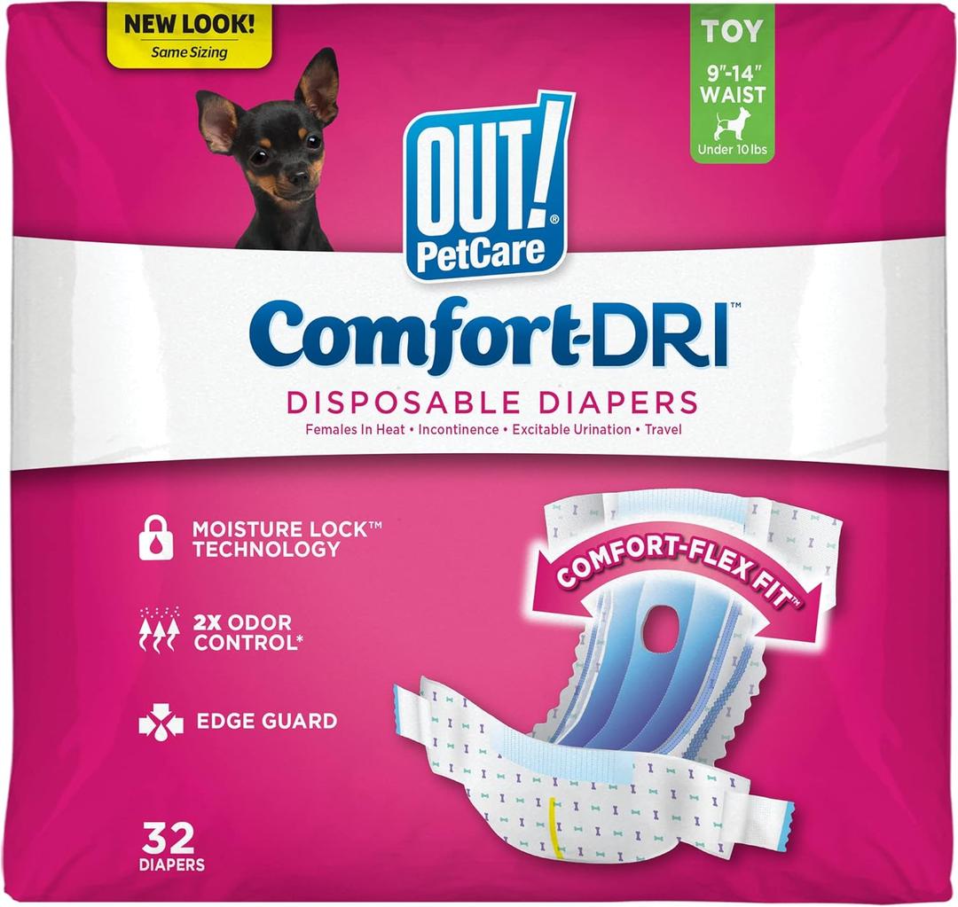 OUT! Petcare Disposable Dog Diapers, Female Dog Diapers, Incontinence Protection for Dogs, Heat Cycle Protection, Puppy Training Solution, 9-14 Waist, Toy, 32 Count
