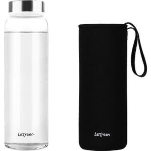 Glass Water Bottle 32 oz, Borosilicate Wide Mouth Glass Water Bottle with Neoprene Sleeve, BPA-Free Leak Proof Reusable for Hot Cold Drinks, Work, Gym, Home, 1 Pack (Black)