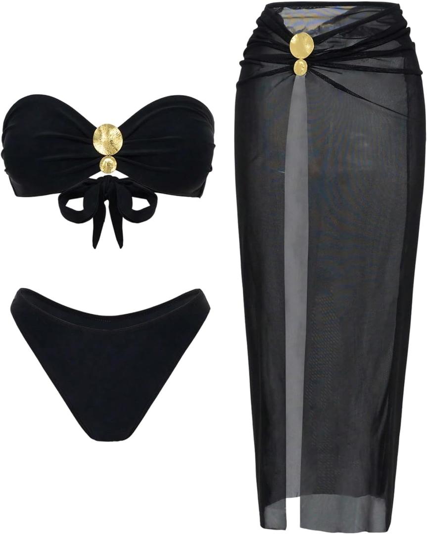 GORGLITTER Women's Strapless Bandeau Swimsuits 3 Piece Summer Beach Sexy Bathing Suit Bikini with Skirt Coverup, Size S (Black)