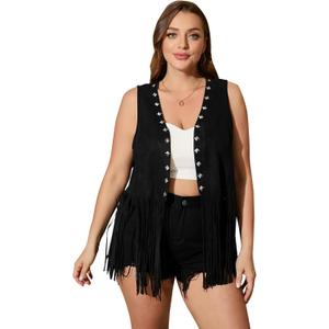 OYOANGLE Women's Plus Size Studded Fringe Trim Open Front Sleeveless Faux Suede Vest Jacket (3X-Large Plus, Black)