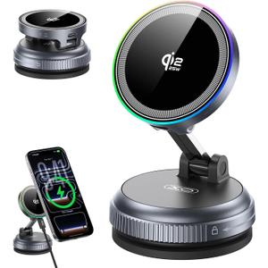 Qi2.2 Magnetic Car Mount Charger,25W Fast Wireless Charging Stand with RGB Light,360 Rotating Suction Phone Holder for Your Car,Compatible with iPhone 12-17,S26/S25