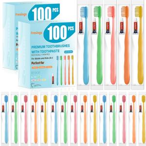 200 Pack Disposable Toothbrushes with Toothpaste, Individually Wrapped, Soft PBT Bristles, Peanut Grip Handle, Fluoride-Free, Bulk Travel Kit for Hotel, Guests, Emergency, Adults & Kids
