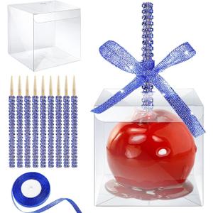MGWOTH Candy Apple Boxes with Bling Stick Hole Set,20 Pack Caramel Apple Wrapping Kit with Clear Containers & Rhinestone Bamboo Skewers & Glitter Ribbons,Top for Cake Pop Chocolate Treat Christmas (Royal Blue)