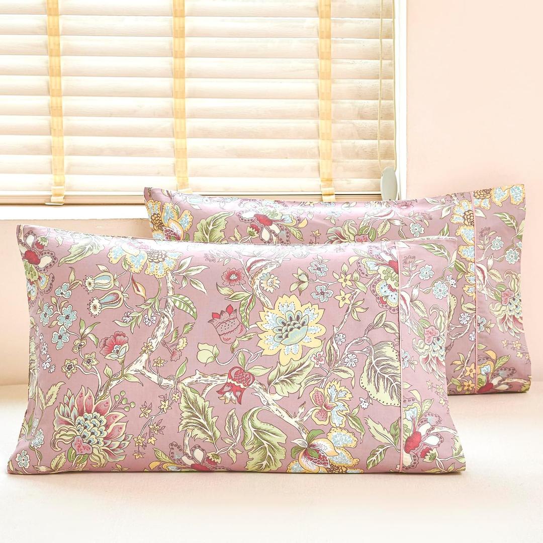 URBONUR 100% Cotton Pillowcases Set of 2 Standard Size Vintage Pink Floral Printed Pillow Cases Soft Cooling Pillowcase Decorative Pillow Cover (Standard, 20x26 Inches, Pink Flowers)