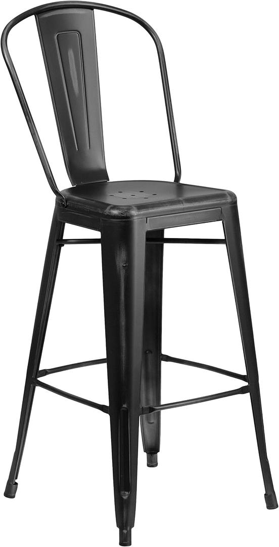 Flash Furniture Commercial Grade 30" High Distressed Black Metal Indoor-Outdoor Barstool with Back, Set of 1