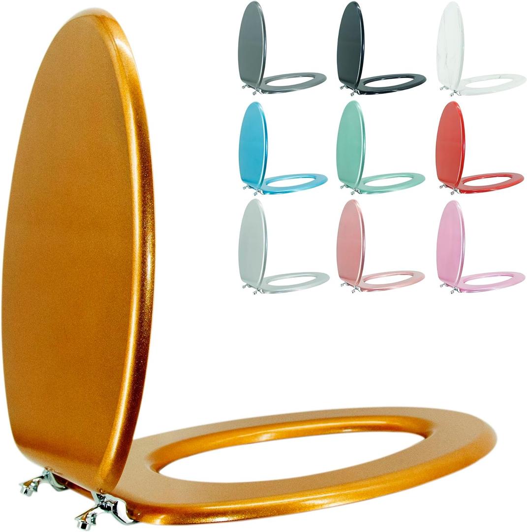 Elongated Toilet Seat Wood Toilet Seat Prevent Shifting with Zinc Alloy Hinges American Standard Size Toilet Seat Easy to Install also Easy to Clean(Elongated,Sparkling Classical Gold)