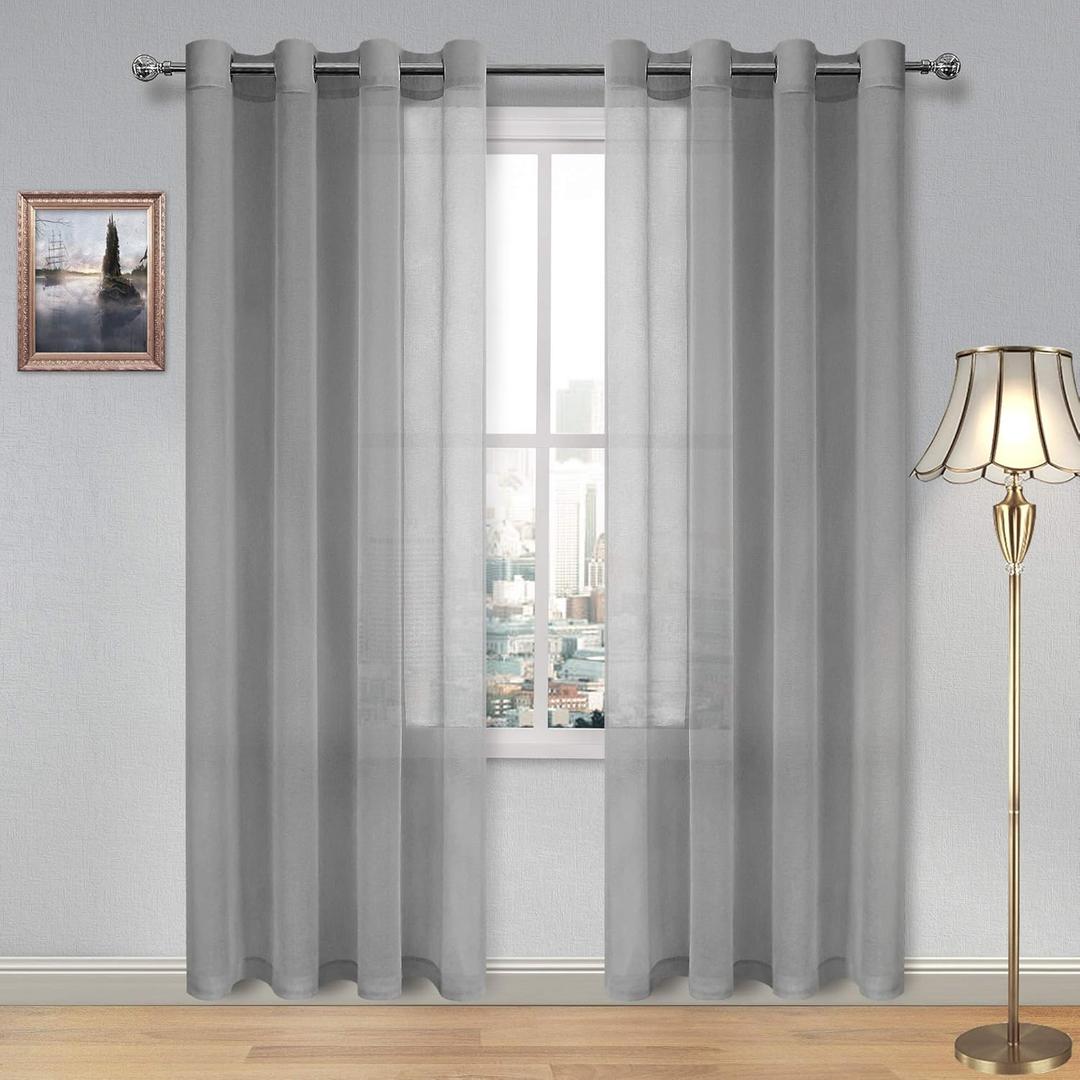 DWCN Sheer Curtains for Living Room Grey Faux Linen Look Voile Drapes Grommet Window Curtain 52 x 84 Inch Long, Set of 2 Panels