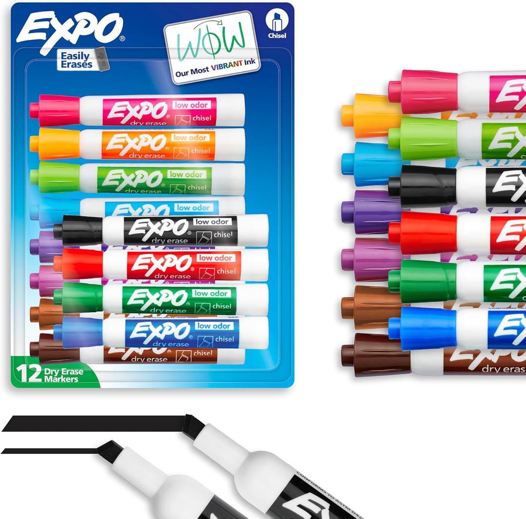 EXPO Low Odor Dry Erase Markers Chisel Tip Assorted Colors 12 Count