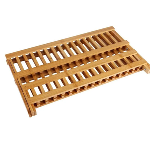 Bamboo Dish Drying Rack, 2-Tier Folding Wooden Dish Rack Sink Dish Drainer Plate Cutlery Dryer Draining Rack for Home Kitchen