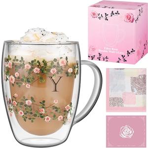 Aoshin Initial Glass Cup for Women, 12 Oz Rose Double Walled Glass Coffee Mugs, Personalized Gifts for Women, Initial Coffee Tea Mug with Scarf, Birthday Wedding Gifts for Her Mom Teacher (ROSE-Y)
