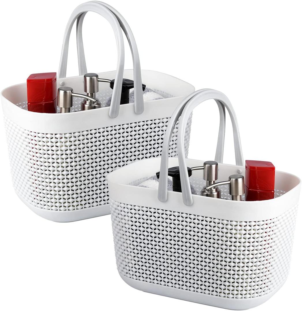 UUJOLY Portable Shower Caddy Basket Tote, Plastic Storage Basket with Handles Organizer Bins for Kitchen Bathroom College Dorm, White 2 Pack