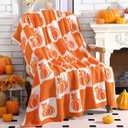 Buryeah Thanksgiving Pumpkin Knit Throw Blanket, 50 x 60 Inch Orange and White Reversible Pumpkin Knitted Throw Blanket, Cozy Lightweight Soft Fall Autumn Gift for Couch Sofa Bed Travel