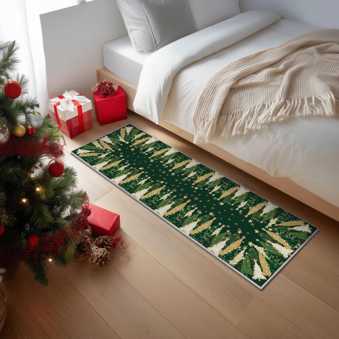 Artoid Mode Green Xmas Tree Snowflake Christmas Runner Rug, Winter Home Decor Low-Profile Non-Slip Washable Carpet Runner for Hallways Kitchen Laundry Bedroom Bathroom 2x6 Feet
