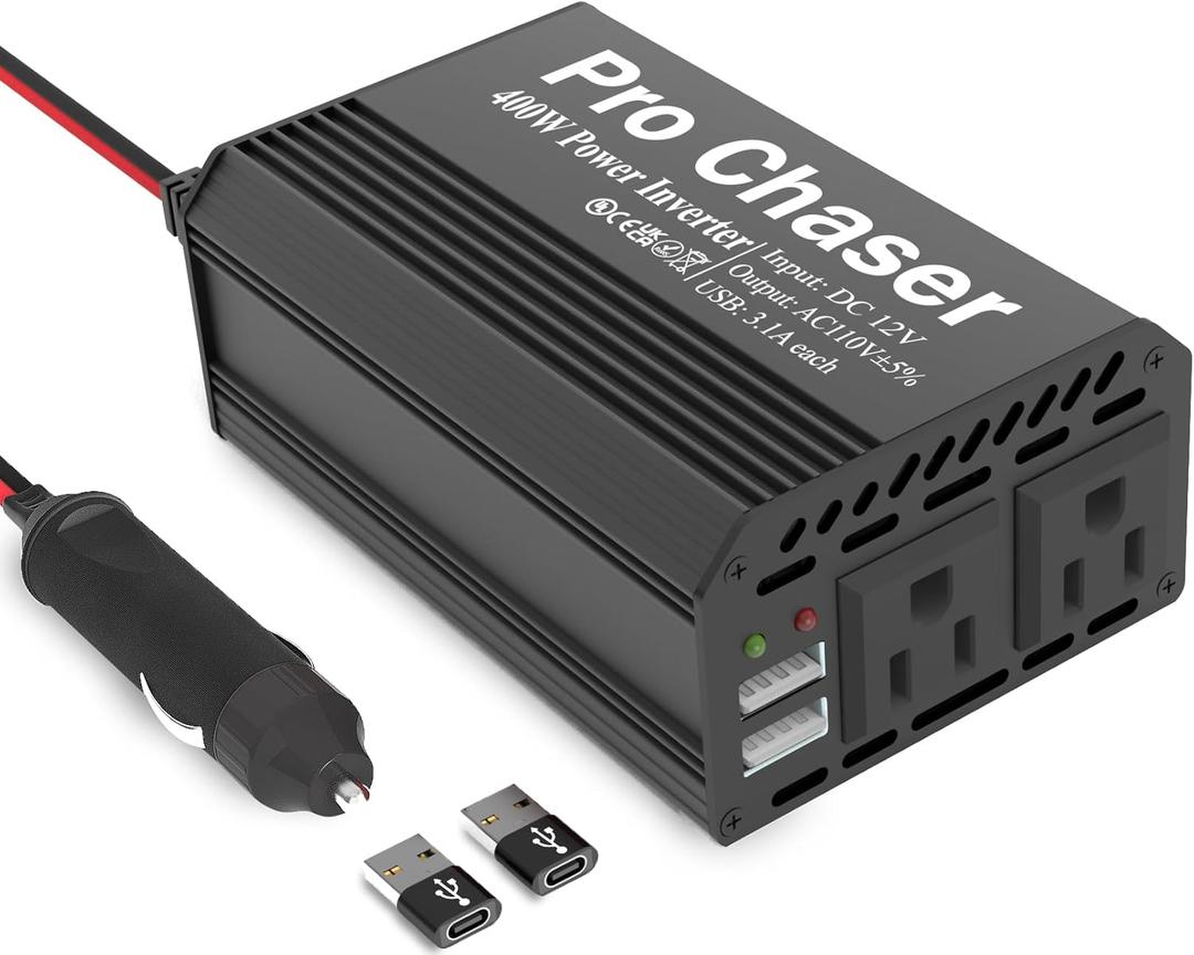 Pro Chaser 400W Car Power Inverter 12V DC to 110V AC Car Truck RV Inverter 6.2A Dual USB Charging Ports for Road Trips (USB C Adaptors Included) (Black)