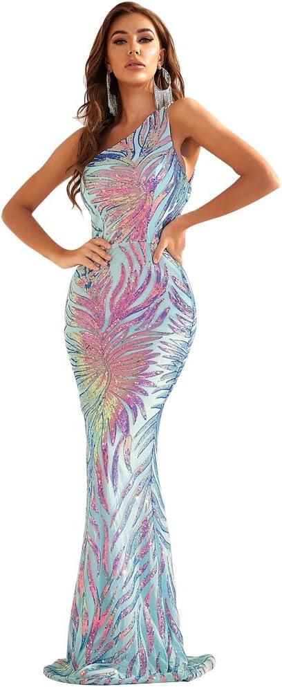 Giffniseti Women's One Shoulder Holographic Sequin Dresses Evening Gown Formal Prom Maxi Dress (Blue), Small 